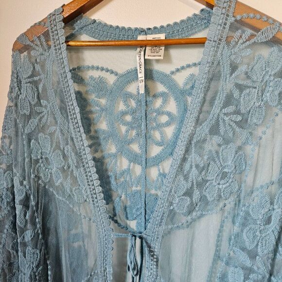EUC FORGOTTEN GRACE LIGHT BLUE LACE/EMBROIDERED LONG DUSTER KIMONO JACKET S/M - Picture 7 of 12